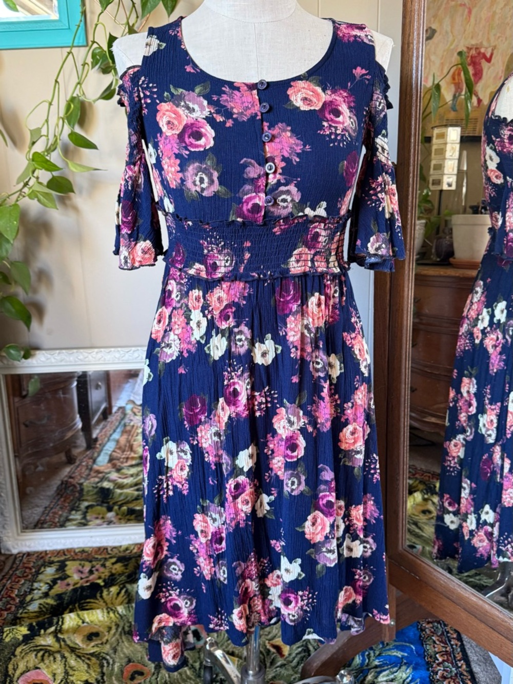 Truly Me Navy Floral Cold-Shoulder Midi Dress, medium